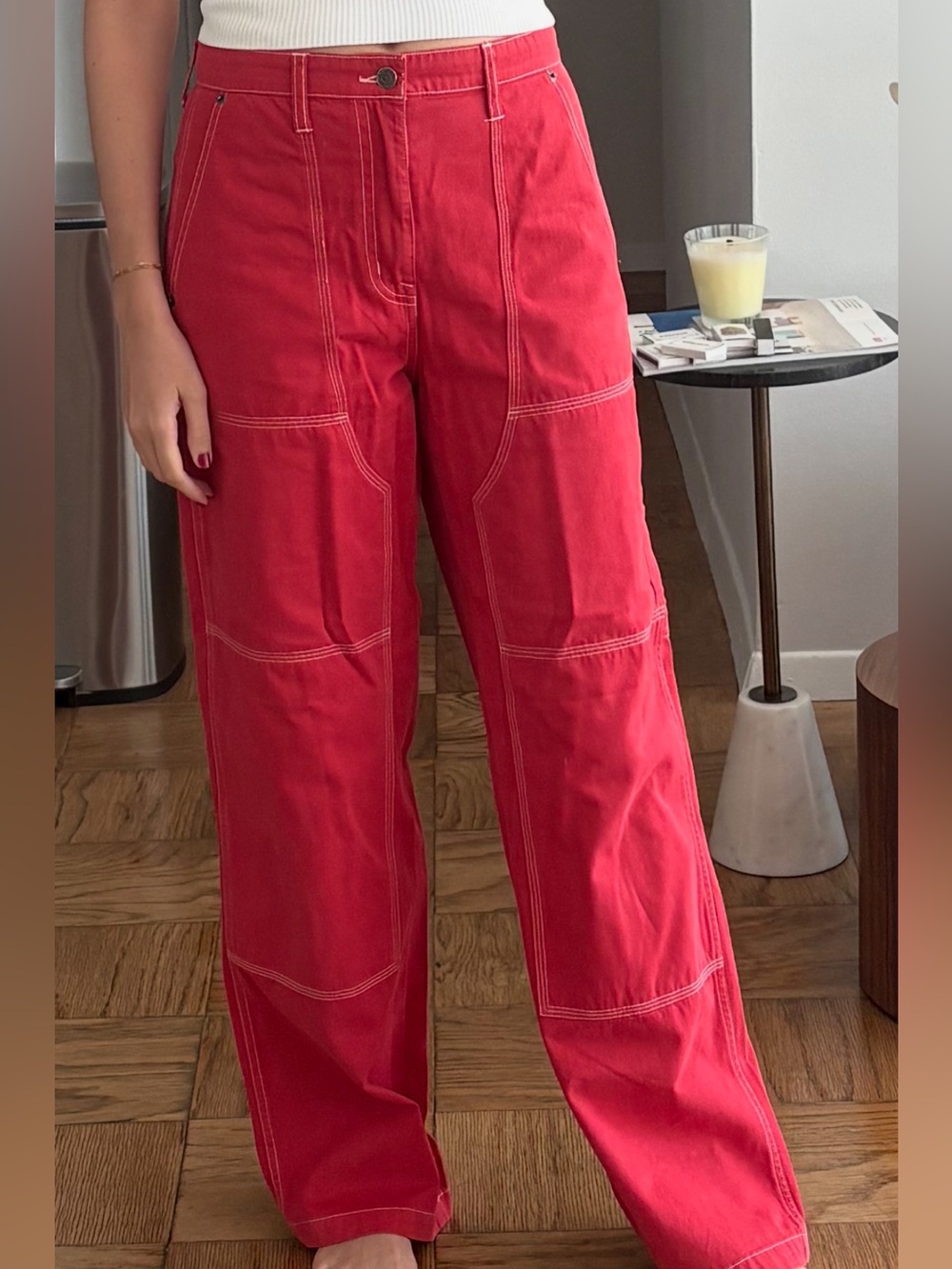 pistola Red Wide-Leg Contrast Stitch Pants